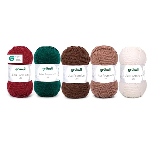 Gründl Wolle Lisa Premium uni 5 x 50 g Mix - Strickgarn - Häkelgarn - 100% Polyacryl - Superweich und Pflegeleicht - Weiß-Braun-Bordeaux-Grün von Gründl