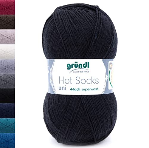 Sockenwolle 4fädig uni 100g Gründl Hot Socks 4-fädig einfarbig | 75% Wolle, 25% Polyamid | Strumpfwolle Sockengarn (4ply, 4fach) Wolle für Socken stricken (84 - schwarz) von Gründl