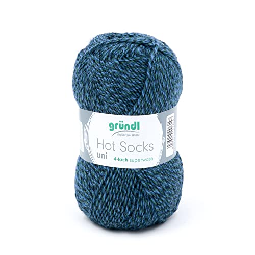 Sockenwolle 4fädig uni 50g | Gründl Hot Socks 4-fädig einfarbig | Strumpfwolle Sockengarn (4ply, 4fach) Wolle für Socken stricken und häkeln (23 - blau-grün meliert) von Gründl