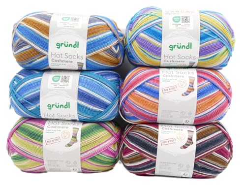 Sockenwolle Paket Gründl Hot Socks Cashmere, 6x100g Sockengarn mit Kaschmir, Strumpfwolle 4fädig, 75% Wolle, 20% Polyamid, 5% Kaschmir von Gründl