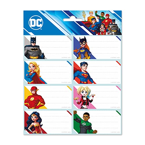 Grupo Erik Aufkleber, DC Comics Etiketten mit einer Größe von 8x4cm, Illustrationen von Batman, Superman,Wonderwoman oder Harley Quinn, Etiketten zum Beschriften, 16 Klebeetiketten Set,16x20cm,ELE0289 von Grupo Erik