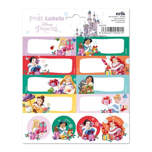 Grupo Erik Aufkleber Etiketten Disney Princess mit einer Größe von 8x4 cm und Illustrationen mit den Hauptfiguren, Etiketten zum Beschriften, 16 Klebeetiketten Set von Grupo Erik