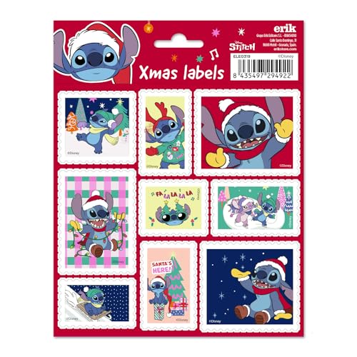 Grupo Erik Aufkleber Etiketten Disney Stitch mit einer Größe von 8x4 cm und Illustrationen mit den Hauptfiguren, Etiketten zum Beschriften, 16 Klebeetiketten Set von Grupo Erik