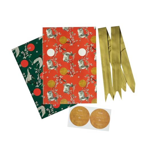 Grupo Erik Geschenkpapier Set Japan Geschenkpapier Schleifen und Aufkleber Packpapier - 2 Geschenkpapierbögen 50 x 70 cm Geschenkpapier Weihnachten oder Geschenkpapier Geburtstag von Grupo Erik