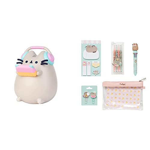 Grupo Erik Nachtlampe Kinder - Nachtlicht Katze Pusheen - 11x16x7 cm Schreibtisch Lampe & Schreibwaren Set Pusheen Foodie - Kugelschreiber 10 farben - Federmäppchen Groß - Büroklammern von Grupo Erik