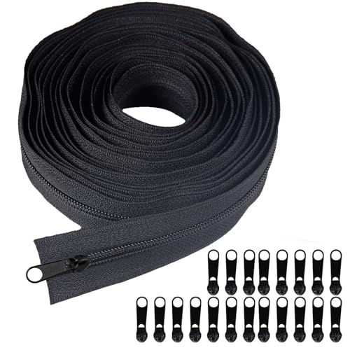 Gsrhzd Reißverschluss, Endlosreißverschluss mit Zipper, 5 Metallic Nylon Reissverschluss von der Rolle 5 Yards Schwar, Reißverschluss Meterware mit 20 Schieber für DIY-Näharbeiten an Taschen Kleidung von Gsrhzd