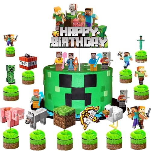 GSXNKK Pixel Cake Topper, Miner Game Cupcake Toppers,Pixel Miner Crafting Cupcake Toppers, Video Game Kuchendeko Geburtstag,Tortendeko figuren von Gsxnkk