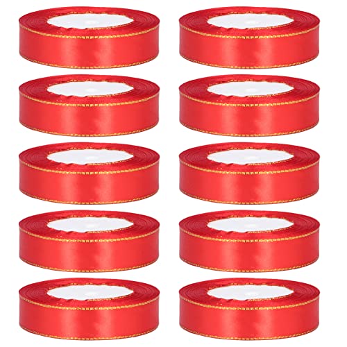 10 Rollen rote Verpackungsband, 24 Meter glatte Polyester Gold Border Fabric Ribbons Bastelband für Hochzeitsfeier -Verpackungsdekoration von Gsycle