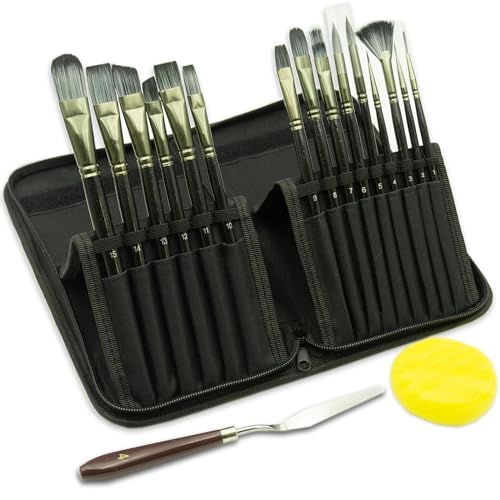 Artist Pinsel-Set, 15-teilig, inklusive Tragetasche mit Palettenmesser und 1 Schwämme für Acryl-, Öl-, Aquarell- und Gouache-Malerei, Schwarz von Gtheimn