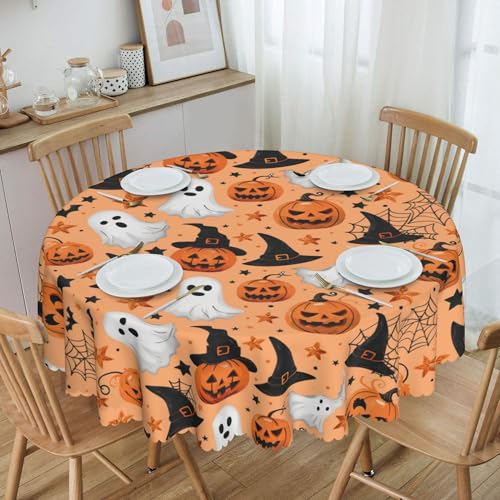 Halloween Tischdecke Rund 150 cm, Kürbis Ghosts Spinnennetz Deko Party Tischdecken Abwaschbar Polyester wasserdichte Tischtuch Halloween Deko Tischdekoration für Herbst Outdoor Garten Esszimmer Küche von GthreeD