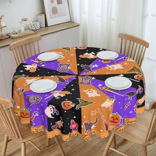 Halloween Tischdecke Rund 150cm, Kürbis Kerze Ghosts Grabstein Deko Party Tischdecken Abwaschbar Polyester Wasserdicht Tischtuch Halloween Deko Tischdekoration für Outdoor Garten Esszimmer Küche von GthreeD