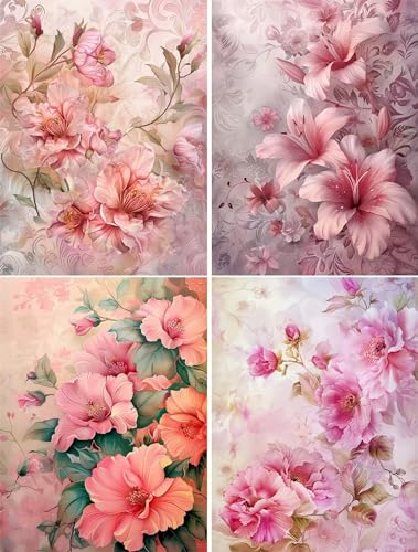 4 Stück Diamond Painting Set Blume, 5D Diamond Painting Erwachsene Kinder, 4er Set Diamant Painting Bilder rosa, DIY Diamant Malerei Kunst Handwerk für Dekoration Schlafzimmer Wohnzimmer Wand 45x60cm von Gtohoo