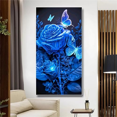 Diamond Painting Schmetterling der Blauen Rose,Diamant Painting Bilder,Diamond Painting Erwachsene Groß,Full Drill Diamond Painting Set,Diamond Art Painting Embroidery Cross Stitch Home Decor 50x100cm von Gtohoo