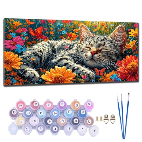 Malen Nach Zahlen Erwachsene Groß, DIY Malen Nach Zahlen Katze Malen Nach Zahlen Kinder Anfänger, Leinwand Handgemalt Ölgemälde Kit mit Pinseln und Acrylfarbe, Deko Wohnzimmer Geschenk 60x120cm W-1 von Gtohoo