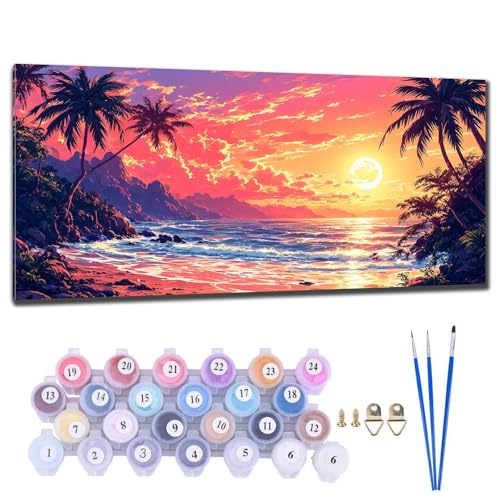 Malen Nach Zahlen Erwachsene Groß, DIY Malen Nach Zahlen Sonnenuntergang Am Strand Malen Nach Zahlen Kinder Anfänger, Handgemalt Ölgemälde Kit mit Pinseln und Acrylfarbe, Deko Wohnzimmer 60x120cm Q-1 von Gtohoo