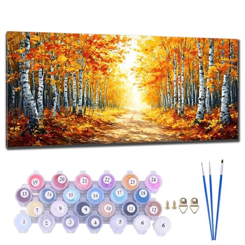 Malen Nach Zahlen Erwachsene Groß XXL, DIY Malen Nach Zahlen Herbstwald Malen Nach Zahlen Kinder Anfänger, Leinwand Handgemalt Ölgemälde Kit mit 3-Pinseln und Acrylfarbe, Deko Wohnzimmer 60x120cm K-5 von Gtohoo