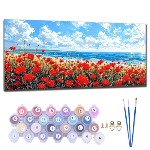 Malen Nach Zahlen Erwachsene Groß XXL, DIY Malen Nach Zahlen Mohn Malen Nach Zahlen Kinder Anfänger, Leinwand Handgemalt Ölgemälde Kit mit Pinseln und Acrylfarbe, Deko Wohnzimmer Geschenk 90x180cm D-3 von Gtohoo