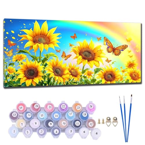 Malen Nach Zahlen Erwachsene Groß XXL, DIY Malen Nach Zahlen Sonnenblume Malen Nach Zahlen Kinder Anfänger, Leinwand Handgemalt Ölgemälde Kit mit 3-Pinseln und Acrylfarbe, Deko Wohnzimmer 60x120cm Q-4 von Gtohoo