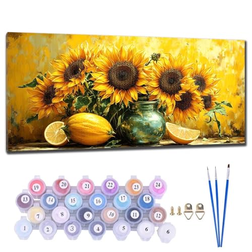 Malen Nach Zahlen Erwachsene Groß XXL, DIY Malen Nach Zahlen Sonnenblume Malen Nach Zahlen Kinder Anfänger, Leinwand Handgemalt Ölgemälde Kit mit 3-Pinseln und Acrylfarbe, Deko Wohnzimmer 30x60cm Z-2 von Gtohoo