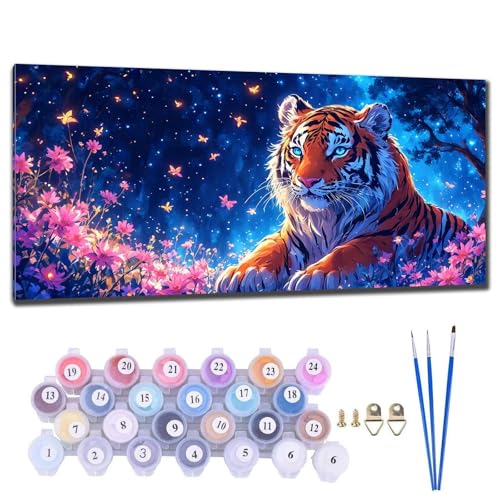 Malen Nach Zahlen Erwachsene Groß XXL, DIY Malen Nach Zahlen Tigerblume Malen Nach Zahlen Kinder Anfänger, Leinwand Handgemalt Ölgemälde Kit mit 3-Pinseln und Acrylfarbe, Deko Wohnzimmer 30x60cm T-1 von Gtohoo