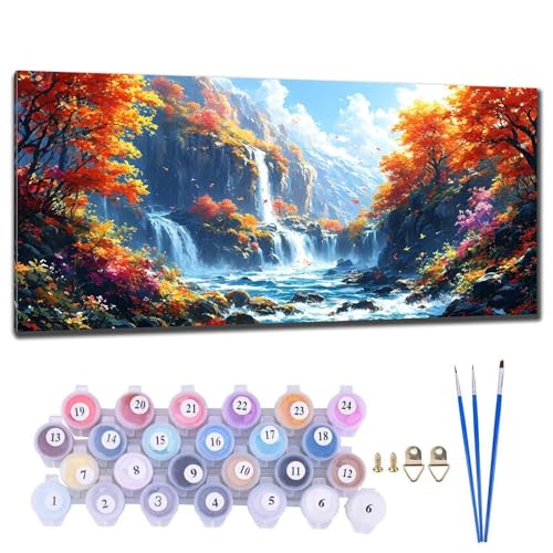 Malen Nach Zahlen Erwachsene Groß XXL, DIY Malen Nach Zahlen Wasserfalllandschaft Malen Nach Zahlen Kinder Anfänger, Handgemalt Ölgemälde Kit mit 3-Pinseln und Acrylfarbe, Deko Wohnzimmer 60x120cm F-1 von Gtohoo