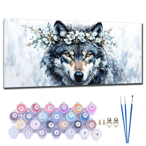 Malen Nach Zahlen Erwachsene Groß XXL, DIY Malen Nach Zahlen Wolf Tier Malen Nach Zahlen Kinder Anfänger, Leinwand Handgemalt Ölgemälde Kit mit 3-Pinseln und Acrylfarbe, Deko Wohnzimmer 30x60cm Q-7 von Gtohoo