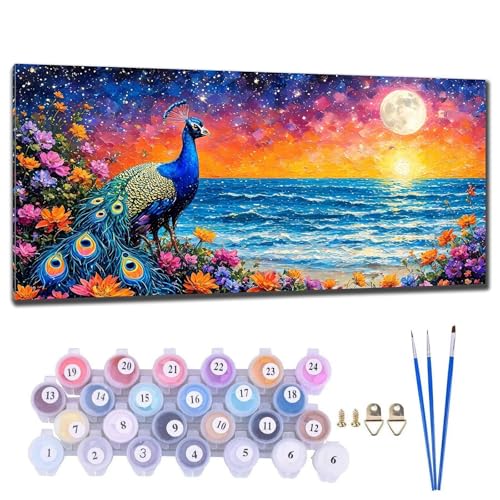 Malen Nach Zahlen Erwachsene Pfauenmond Malen Nach Zahlen XXL 20x40cm Paint by Numbers Anfänger Kinder, Malen-Nach-Zahlen ab 9 Jahre Mädchen Geschenke, DIY Ölgemälde Bastelset Wohnzimme Wanddeko R-5 von Gtohoo