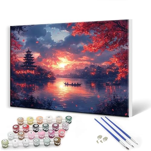 Malen Nach Zahlen Erwachsene mit Rahmen 100 x 130 cm, Malen Nach Zahlen Japan Landschaft Leinwand Kreativ Set für Erwachsene, DIY Paint by Numbers mit Pinseln und Acrylfarbe, Wanddeko Aesthetic L-1 von Gtohoo