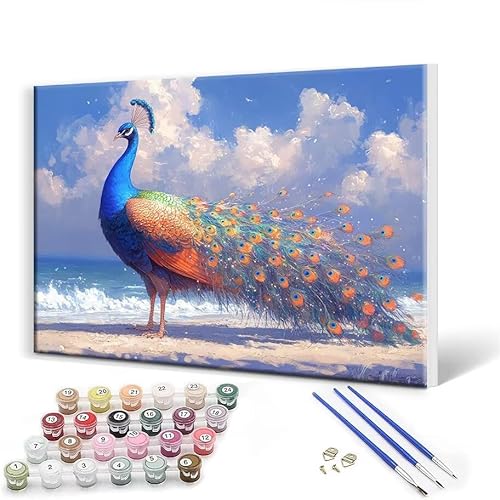 Malen Nach Zahlen Erwachsene mit Rahmen 100 x 130 cm, Malen Nach Zahlen Pfau Leinwand Kreativ Set für Erwachsene, DIY Paint by Numbers mit Pinseln und Acrylfarbe, Wanddeko, Geschenke für Frauen S-1 von Gtohoo