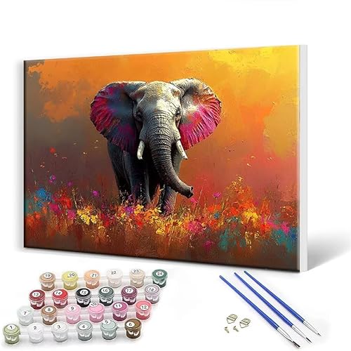 Malen Nach Zahlen Erwachsene mit Rahmen 100x130 cm, Malen Nach Zahlen Elefant Tier Leinwand Kreativ Set für Erwachsene, Paint by Numbers mit Pinseln und Acrylfarbe, Wanddeko, Geschenke für Frauen K-5 von Gtohoo