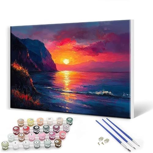 Malen Nach Zahlen Erwachsene mit Rahmen 100x130 cm, Malen Nach Zahlen Strand Sonnenuntergang Leinwand Kreativ Set für Erwachsene, Paint by Numbers mit Pinseln und Acrylfarbe, Wanddeko Aesthetic E-2 von Gtohoo