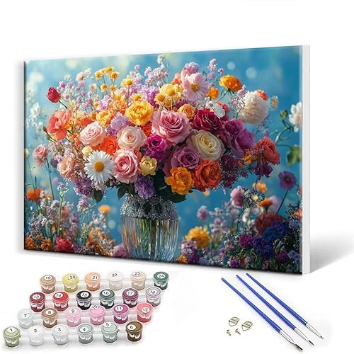 Malen Nach Zahlen Erwachsene mit Rahmen 30 x 40 cm, Malen Nach Zahlen Blume Leinwand Kreativ Set für Erwachsene, DIY Paint by Numbers mit Pinseln und Acrylfarbe, Wanddeko, Geschenke für Frauen Z-6 von Gtohoo