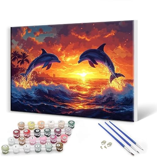 Malen Nach Zahlen Erwachsene mit Rahmen 30x40 cm, Malen Nach Zahlen Delphin Ozean Leinwand Kreativ Set für Erwachsene, Paint by Numbers mit Pinseln und Acrylfarbe, Wanddeko, Geschenke für Frauen I-7 von Gtohoo