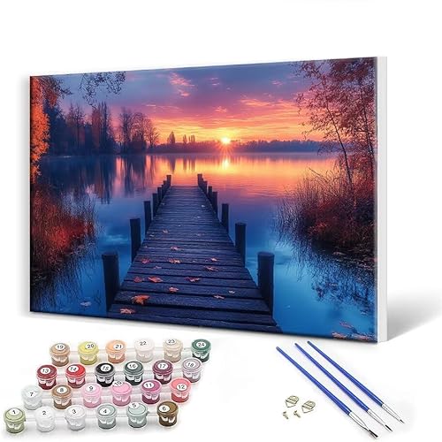 Malen Nach Zahlen Erwachsene mit Rahmen 40x50 cm, Malen Nach Zahlen Brücke Sonnenuntergang Leinwand Kreativ Set für Erwachsene, DIY Paint by Numbers mit Pinseln und Acrylfarbe, Wanddeko Aesthetic Y-6 von Gtohoo