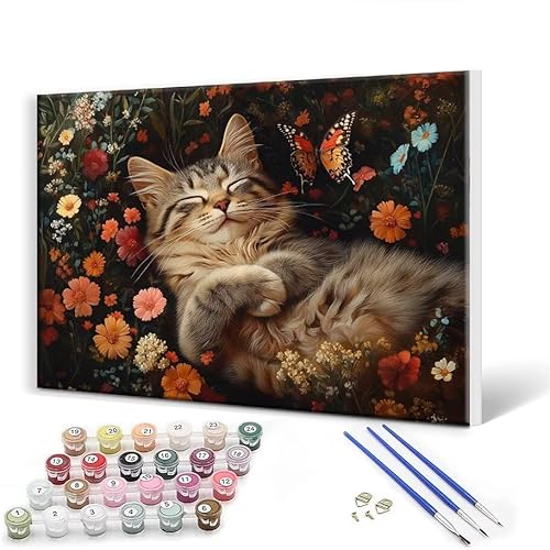 Malen Nach Zahlen Erwachsene mit Rahmen 40x50 cm, Malen Nach Zahlen Katze Tier Leinwand Kreativ Set für Erwachsene, DIY Paint by Numbers mit Pinseln und Acrylfarbe, Wanddeko, Geschenke für Frauen Y-7 von Gtohoo