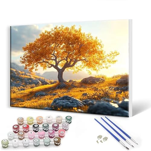 Malen Nach Zahlen Erwachsene mit Rahmen 50 x 65 cm, Malen Nach Zahlen Baum Leinwand Kreativ Set für Erwachsene, DIY Paint by Numbers mit Pinseln und Acrylfarbe, Wanddeko, Geschenke für Frauen H-2 von Gtohoo