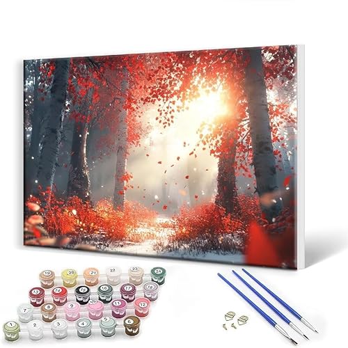 Malen Nach Zahlen Erwachsene mit Rahmen 50 x 65 cm, Malen Nach Zahlen Baum Wald Leinwand Kreativ Set für Erwachsene, DIY Paint by Numbers mit Pinseln und Acrylfarbe, Wanddeko, Geschenke für Frauen S-1 von Gtohoo