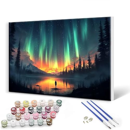 Malen Nach Zahlen Erwachsene mit Rahmen 50 x 65 cm, Malen Nach Zahlen Nordlicht Landschaft Leinwand Kreativ Set für Erwachsene, DIY Paint by Numbers mit Pinseln und Acrylfarbe, Wanddeko Aesthetic Q-8 von Gtohoo