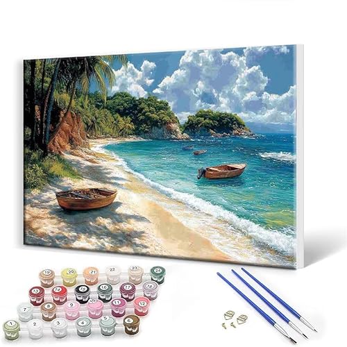 Malen Nach Zahlen Erwachsene mit Rahmen 50 x 65 cm, Malen Nach Zahlen Strand Landschaft Leinwand Kreativ Set für Erwachsene, DIY Paint by Numbers mit Pinseln und Acrylfarbe, Wanddeko Aesthetic M-9 von Gtohoo