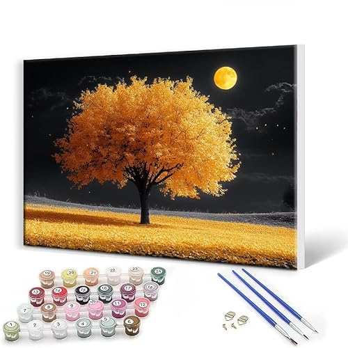 Malen Nach Zahlen Erwachsene mit Rahmen 50x65 cm, Malen Nach Zahlen Landschaft Baum Leinwand Kreativ Set für Erwachsene, Paint by Numbers mit Pinseln und Acrylfarbe, Wanddeko, Geschenke für Frauen S-5 von Gtohoo