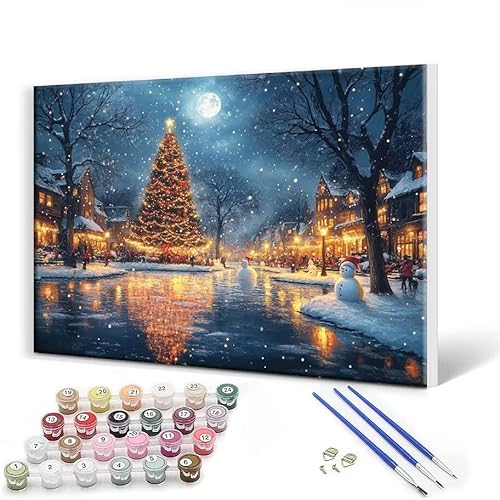 Malen Nach Zahlen Erwachsene mit Rahmen 50x65 cm, Malen Nach Zahlen Weihnachtsbaum Landschaft Leinwand Kreativ Set für Erwachsene, Paint by Numbers mit Pinseln und Acrylfarbe, Wanddeko Aesthetic F-0 von Gtohoo