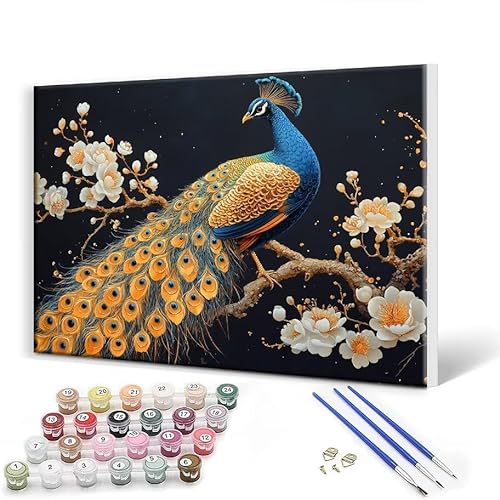 Malen Nach Zahlen Erwachsene mit Rahmen 60 x 80 cm, Malen Nach Zahlen Pfau Tier Leinwand Kreativ Set für Erwachsene, DIY Paint by Numbers mit Pinseln und Acrylfarbe, Wanddeko, Geschenke für Frauen L-9 von Gtohoo