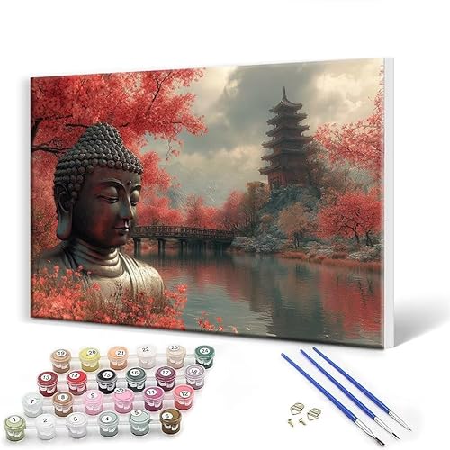 Malen Nach Zahlen Erwachsene mit Rahmen 70 x 90 cm, Malen Nach Zahlen Zen Japan Leinwand Kreativ Set für Erwachsene, DIY Paint by Numbers mit Pinseln und Acrylfarbe, Wanddeko, Geschenke für Frauen U-6 von Gtohoo