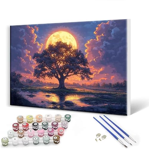 Malen Nach Zahlen Erwachsene mit Rahmen 70x90 cm, Malen Nach Zahlen Landschaft Baum Leinwand Kreativ Set für Erwachsene, Paint by Numbers mit Pinseln und Acrylfarbe, Wanddeko, Geschenke für Frauen X-3 von Gtohoo