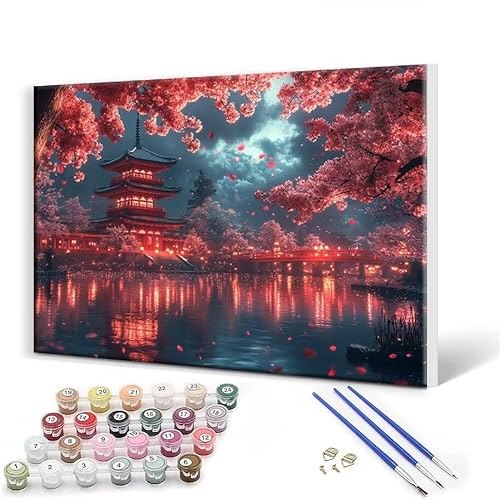 Malen Nach Zahlen Erwachsene mit Rahmen 80 x 105 cm, Malen Nach Zahlen Japan Landschaft Leinwand Kreativ Set für Erwachsene, DIY Paint by Numbers mit Pinseln und Acrylfarbe, Wanddeko Aesthetic M-8 von Gtohoo