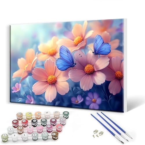 Malen Nach Zahlen Erwachsene mit Rahmen 80 x 105 cm, Malen Nach Zahlen Schmetterling Blume Leinwand Kreativ Set für Erwachsene, DIY Paint by Numbers mit Pinseln und Acrylfarbe, Wanddeko Aesthetic T-0 von Gtohoo