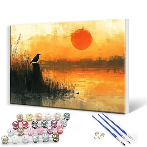 Malen Nach Zahlen Erwachsene mit Rahmen 80 x 105 cm, Malen Nach Zahlen Sonnenuntergang Landschaft Leinwand Kreativ Set für Erwachsene, DIY Paint by Numbers mit Pinseln und Acrylfarbe, Wanddeko X-9 von Gtohoo