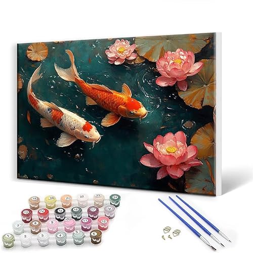 Malen Nach Zahlen Erwachsene mit Rahmen 80x105 cm, Malen Nach Zahlen Fisch Blume Leinwand Kreativ Set für Erwachsene, Paint by Numbers mit Pinseln und Acrylfarbe, Wanddeko, Geschenke für Frauen S-6 von Gtohoo