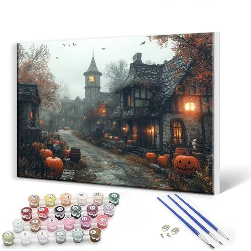 Malen Nach Zahlen Erwachsene mit Rahmen 90 x 120 cm, Malen Nach Zahlen Halloween Landschaft Leinwand Kreativ Set für Erwachsene, DIY Paint by Numbers mit Pinseln und Acrylfarbe, Wanddeko Aesthetic Y-8 von Gtohoo