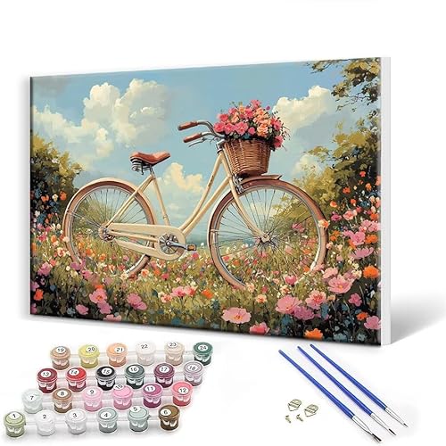 Malen Nach Zahlen Fahrrad Blume Malen Nach Zahlen Erwachsene mit Rahmen 100 x 130 cm Malen Nach Zahlen ab 7 8 9 10 Jahre Mädchen Geschenk, DIY Handgemalt Ölgemälde Bastelset für Deko Wohnzimmer Z-3 von Gtohoo